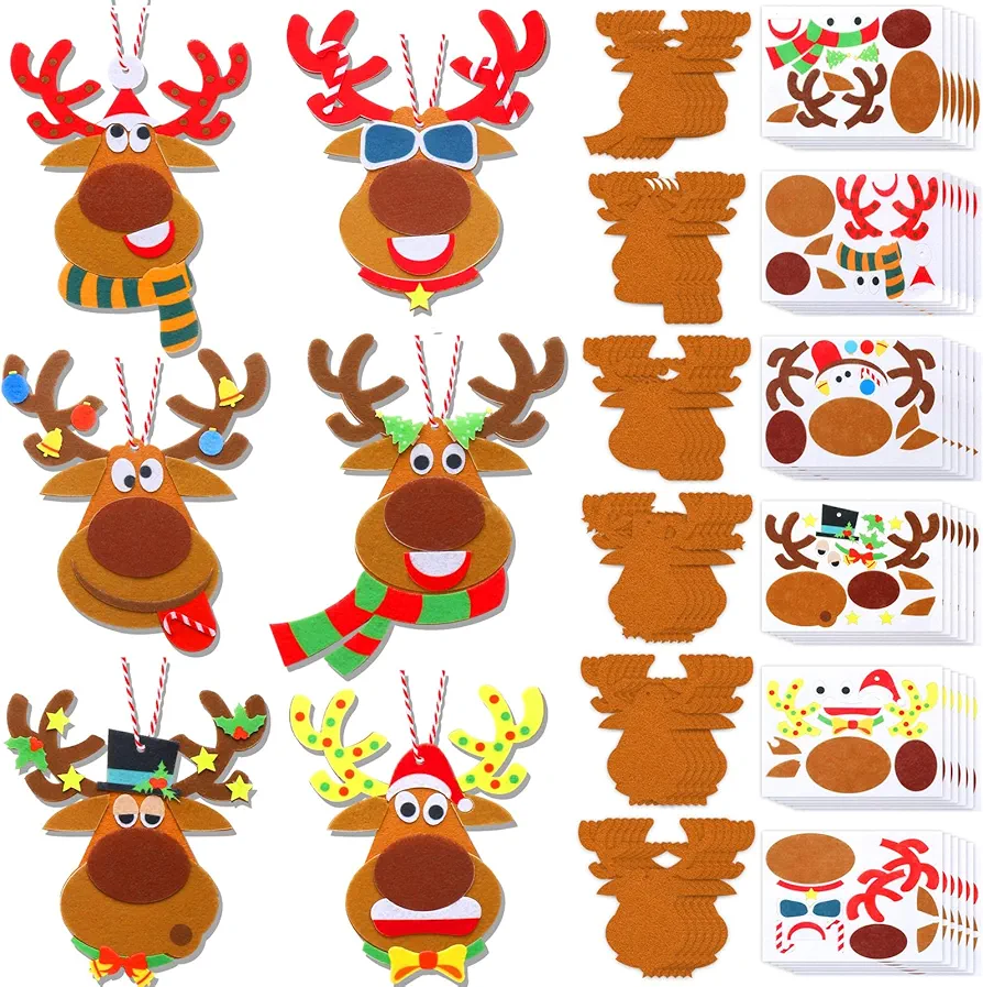 Poen 36 Pcs Christmas Felt Crafts for Boys Girls Christmas Elk Reindeer Ornaments Felt Crafts Kit Holiday DIY Art Craft for Xmas Tree Party Decoration Supplies