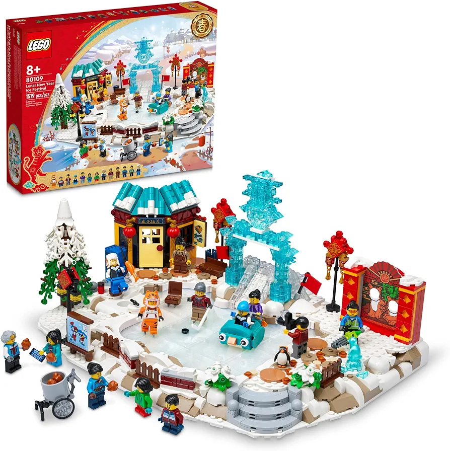 LEGO Lunar New Year Ice Festival 80109 Building Kit; Gift Toy for Kids Aged 8 and Up; Building Set Featuring a Detailed Winter Scene, Chun Ice Sculpture, 13 Minifigures and More (1,519 Pieces)