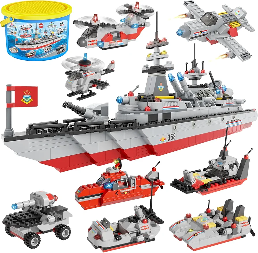 WishaLife City War Military Battleship Toy Building Blocks Set, with Army Truck Toys, Car Toys, boat Toy, Airplane Toy, Helicopter Toy, WW2 Construction Toys Gift for Kids Boys Girls Aged 6 Plus