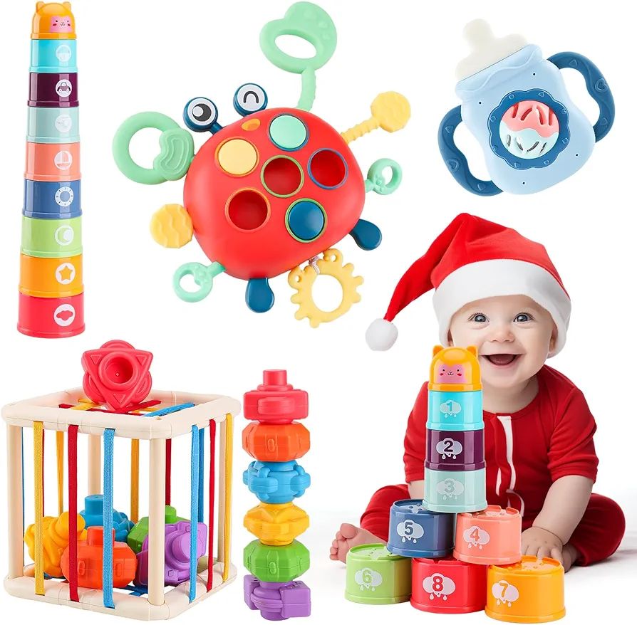 Baby Montessori 4 in 1 Toy Set 6-12-18 Months, Sensory Toys Stacking Cups Crab Montessori Teething Toys, Shape Sorter for Infants Toddlers Learning Toys for Boy Girl Baby Gifts 3 6 9