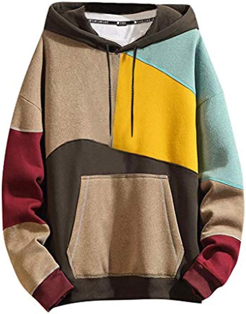 GURUNVANI Hoodies Men's Color Block Casual O-Neck Pullover Hooded Sweatshirt