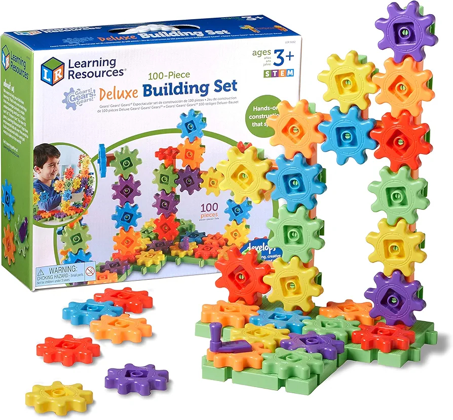 Learning Resources Gears! Gears! Gears! 100-Piece Deluxe Building Set - Ages 3+, Preschool Building Sets, Gears Toys for Kids, STEM Toys for Toddlers, Construction Toy Set,Back to School