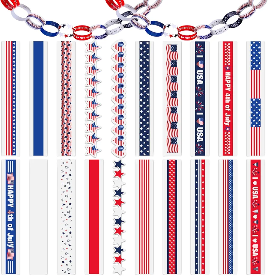 Poen 600 Pcs Independence Day Paper Chains 4 of July Paper Decorations american flag USA Paper Chain Strips for Kids Patriotic Paper Craft Supplies for Independence Day Party Decorations, 20 Styles