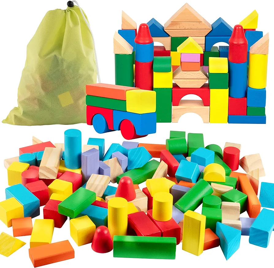 Wooden Blocks - 100 Pc Wood Building Block Set with Carrying Bag (Rainbow Colored)- 100% Real Wood in 7 Colors and 14 Shapes - Stack, Build and Store- Fun Gift, Back to School Project