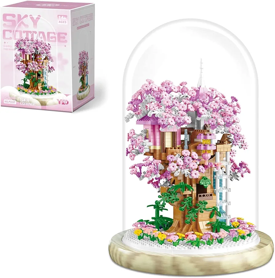 Cherry Blossom Bonsai Tree House Building Flowers Set for Adults, 1382 Pcs Micro-Particle Ideas Sakura Tree Building Blocks, Complete with String Lights, Dust Cover, and Wooden Base