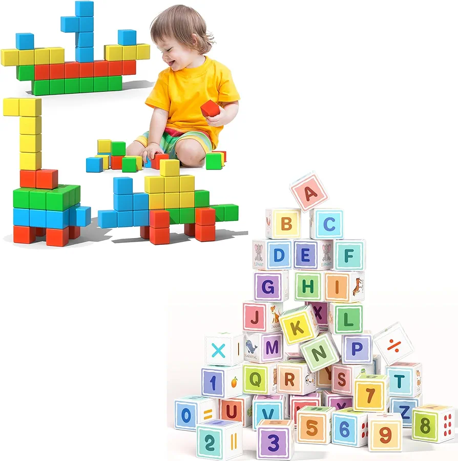 ABC 123 Building Blocks for Toddler, Magnetic Cube Sensory Toys, Preschool Learning Alphabet & Number & Animals & Math & Counting & Letter Recognition, Education Toy for Kids Age 1-3 3-5