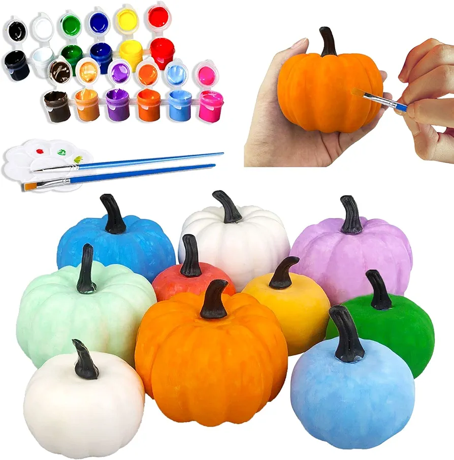 JIABNUKKN Pumpkin Decorations Halloween Crafts for Kids 10Pcs Paint Your Own Artificial Pumpkin White Plastic Pumpkin Decorating Kit Gift Toys for Kids DIY Halloween Thanksgiving Fall Pumpkin Decor