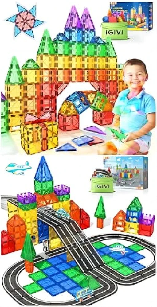 Magnetic Tiles Road Set with Cars Toys,STEM Building Blocks Toys & Games,3 4 5 6 7 8 Year Old Boy Birthday Gift,Creative Magnet Building Blocks for Kids Toddler Toys,