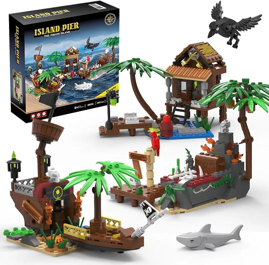 Mesiondy Pirate Ship Building Brick Toy Set - 497pcs, Shoal Island, Pirate Repair Port, with Sharks, Crow, Sunken Treasure for 7-9year boy