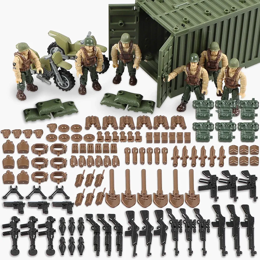 Finger Rock Weapon Pack Military Accessories Set, WW2 Military Army Equipment Gear Container Set Include US Soldier Action Figures, Compatible with Major Brand