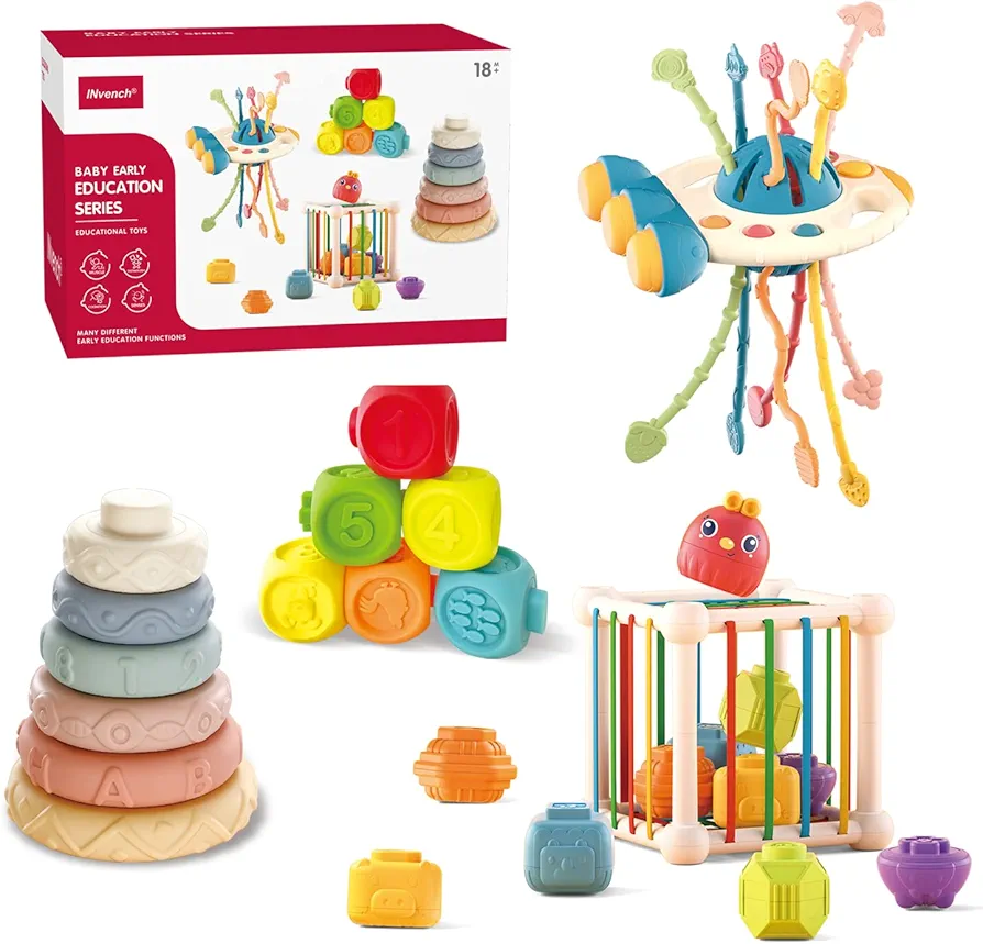 INvench Montessori Toys for 1 Year Old - 4 in 1 Sensory Toys for Babies Stacking Building Blocks, Color Shape Bin,Silicone Pull String Activity Travel Toys Set for 1-3 Year Old Boy Girl Gift