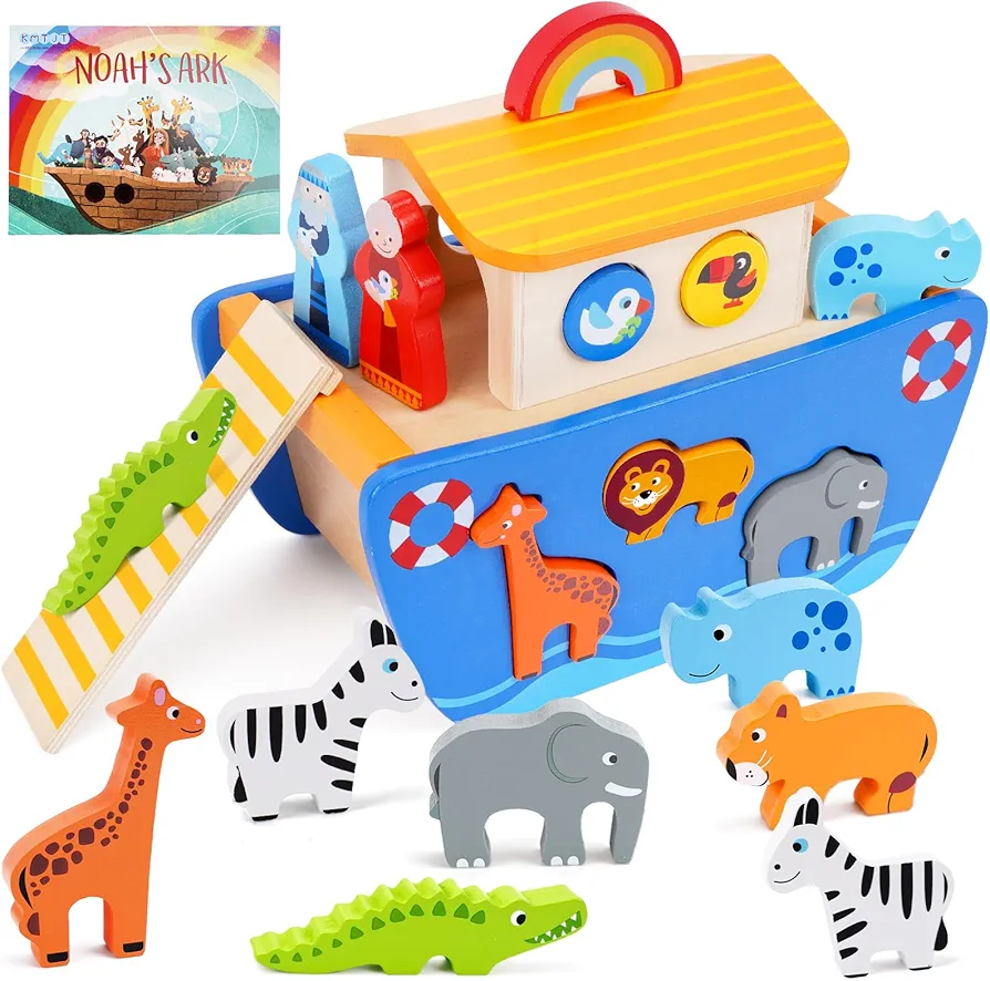 KMTJT Toddlers Wooden Noah's Ark Toy Animal Playset, Baptism Gifts for 1 2 3 Boys Girls, Shape Sorter Early Learning Montessori Toys with Bible Story Book for 12 18 24 Months Babies