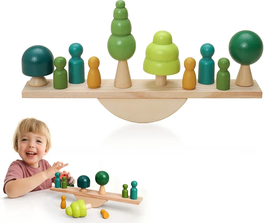 Promise Babe Wooden Tree Toys Balance Toys Wooden Peg Dolls Preschool Learning Educational Montessori Toys, Natural Woodland Trees Creative Accessories for Home Decor