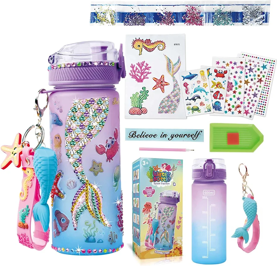 Toys for 3-12 Year Old Girls Kids, Decorate Your Own Water Bottle Kits for Girls, Mermaid Gem Diamond Painting Arts and Crafts Birthday Gifts for 3 4 5 6 7 8 9 10 Year Old Girls (Mermaid 600ml)