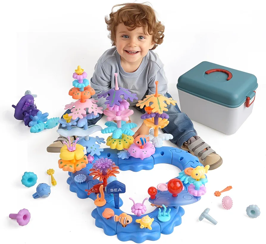 96PCS Ocean Adventures DIY Building Stacking Toys Set,Educational STEM Toy Gift for Kids with Organiser Box,Toddler Learning Toy for Girls/Boys