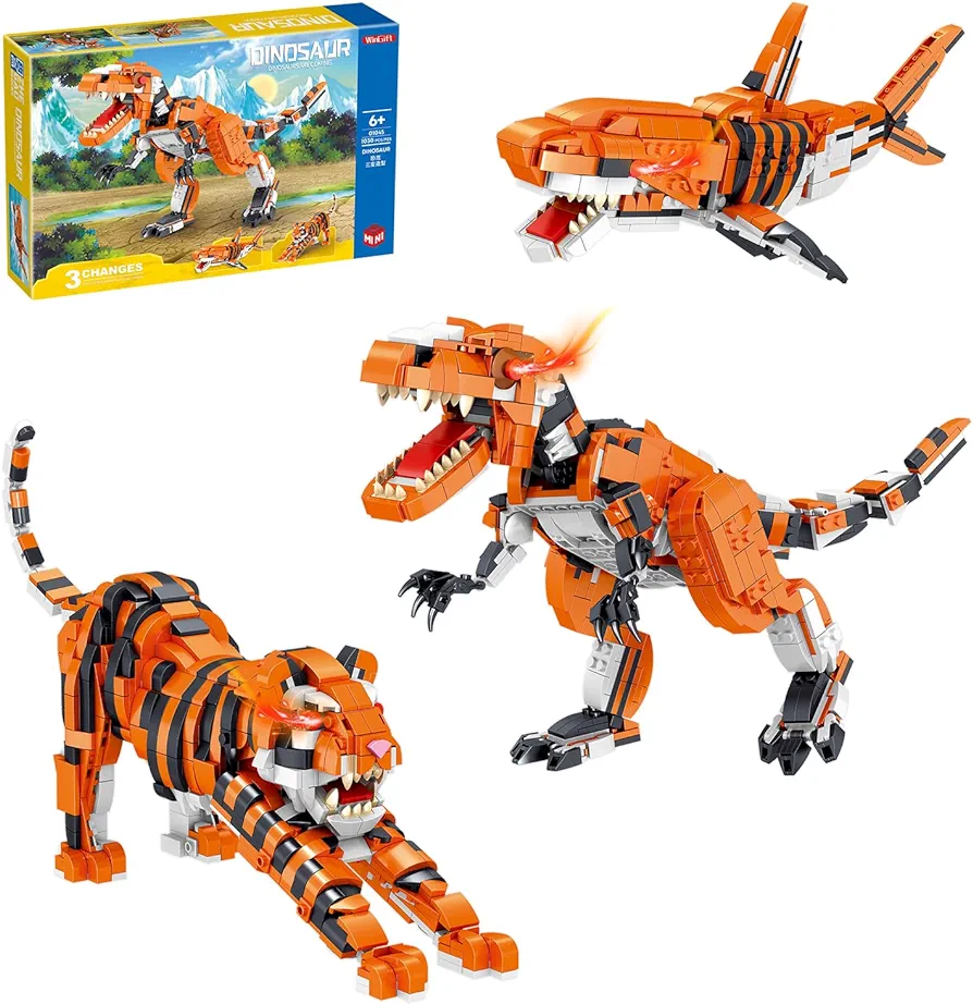 1030 Piece STEM Building Blocks Toys-3in1 Mini Transforming Toy Building Set with Dinosaur/Tiger/Shark Building Kit, Educational Toy for Kids 6-12, Best for Boys and Girls Ages 6 7 8+