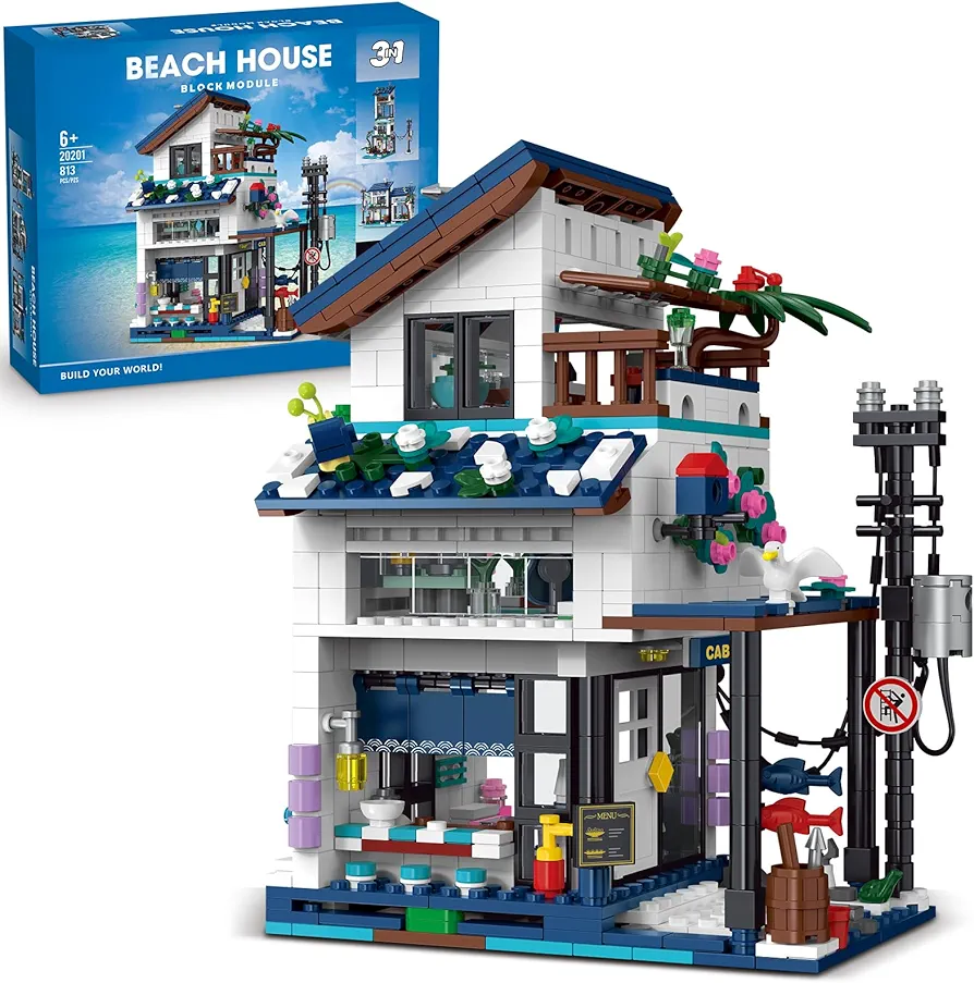 3 in 1 City House Building Sets Compatible with Lego Creative Modern House with Light,Seaside Beach Villa Japanese Style Cottage Friends Vacation Hut Building Blocks Toys for Kid Girl Boy Ages 6 7 8+