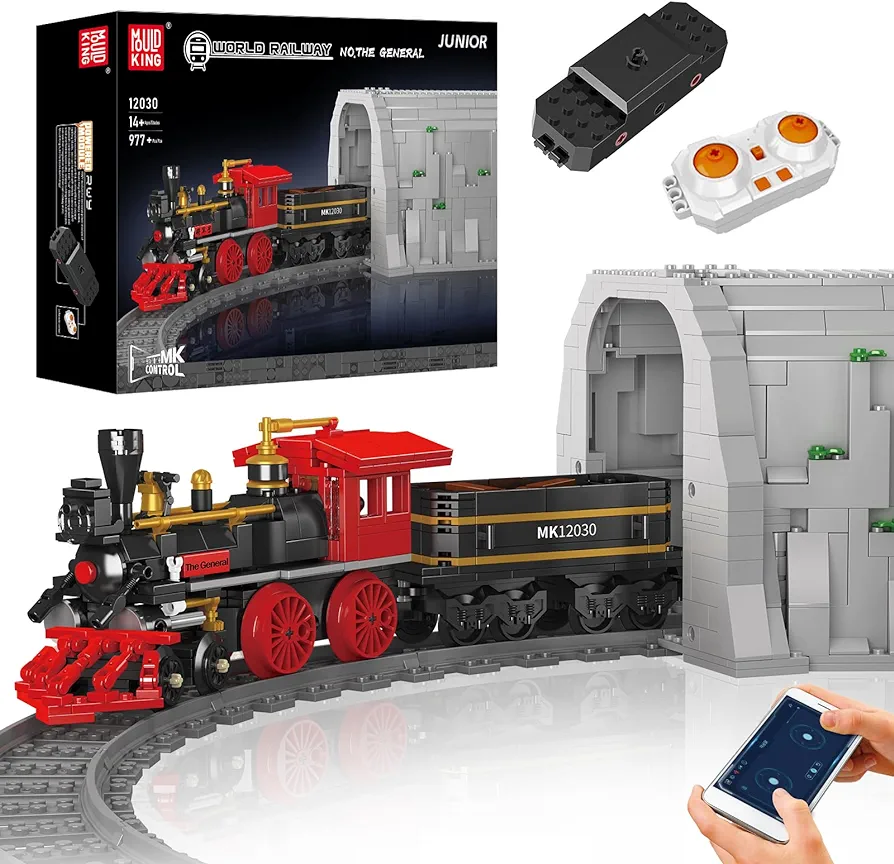 Mould King 12030 Train Building Toy, Steam Locomotive Train Building Blocks Set, RC Control Train with Motors and Tracks(977 Pieces)