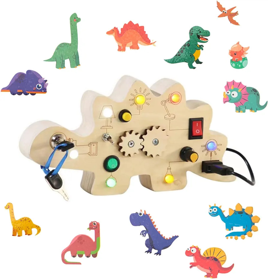 Toddler Busy Board, Montessori Toys for 1-3 + Year Old Baby, Wooden Busy Board with Led Light, Dinosaur Toddler Toys Sensory Toys Travel Toys for Age 1 2 3 + Boy Girl Birthday Gift