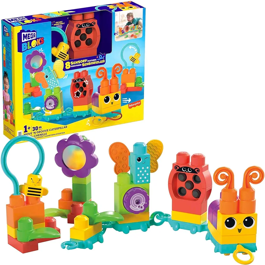 Mega BLOKS Fisher-Price Toddler Building Blocks Toy Set, Move ‘n Groove Caterpillar Train with 24 Pieces, Ages 1+ Years