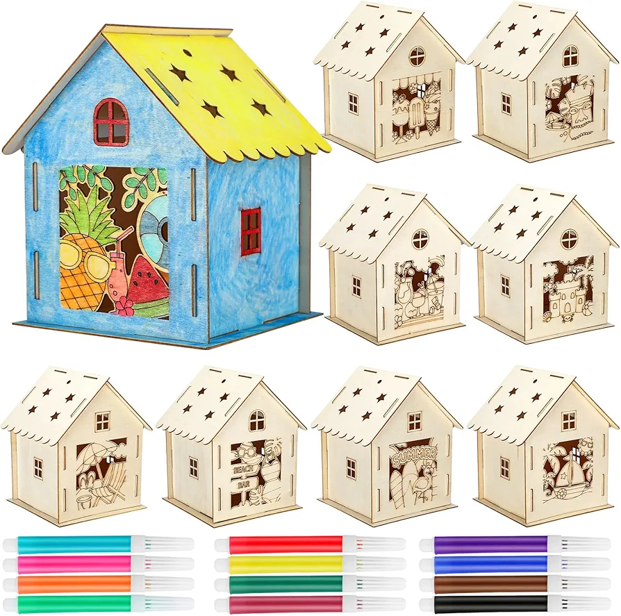 Yousoontic 9 Set Summer Crafts Kit Bulk Wooden House 3D Crafts with 12 Watercolor Pens DIY Houses to Paint for Boys Girls Holiday Party Supplies Home School Office Art Ornament