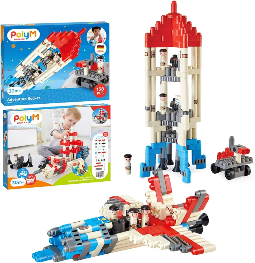 Hape PolyM Space Adventure Rocket Construction Kit | 138 Piece Building Brick Toy Play Set for Kids - Figurines and Accessories Included