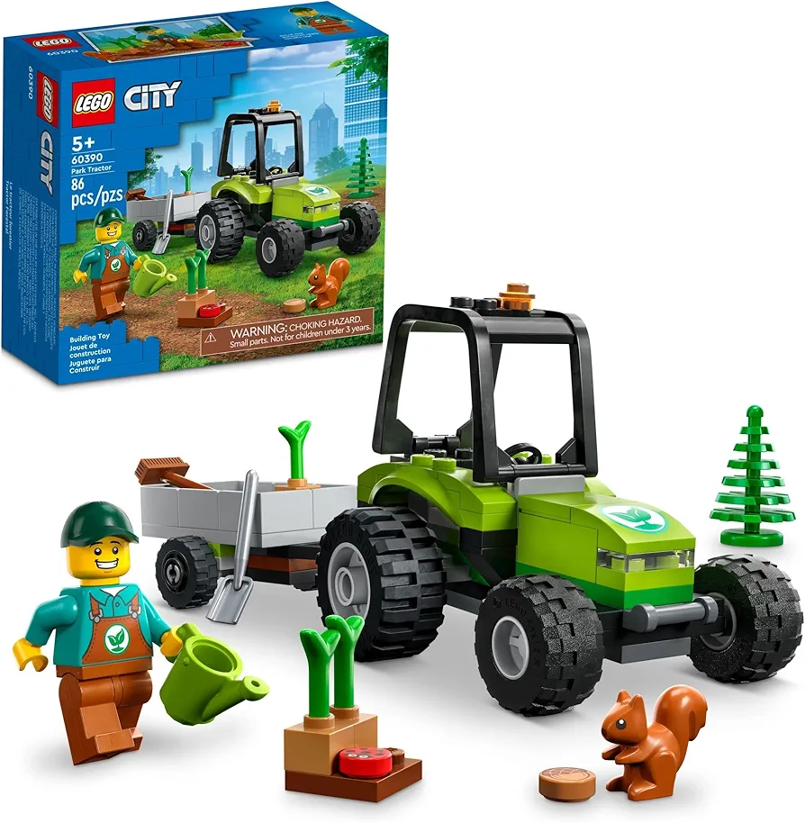 LEGO City Park Tractor 60390, Toy with Trailer for Kids Ages 5 Plus, Farm Vehicle Construction Set with Animal Figures and Gardener Minifigure, Gift Idea