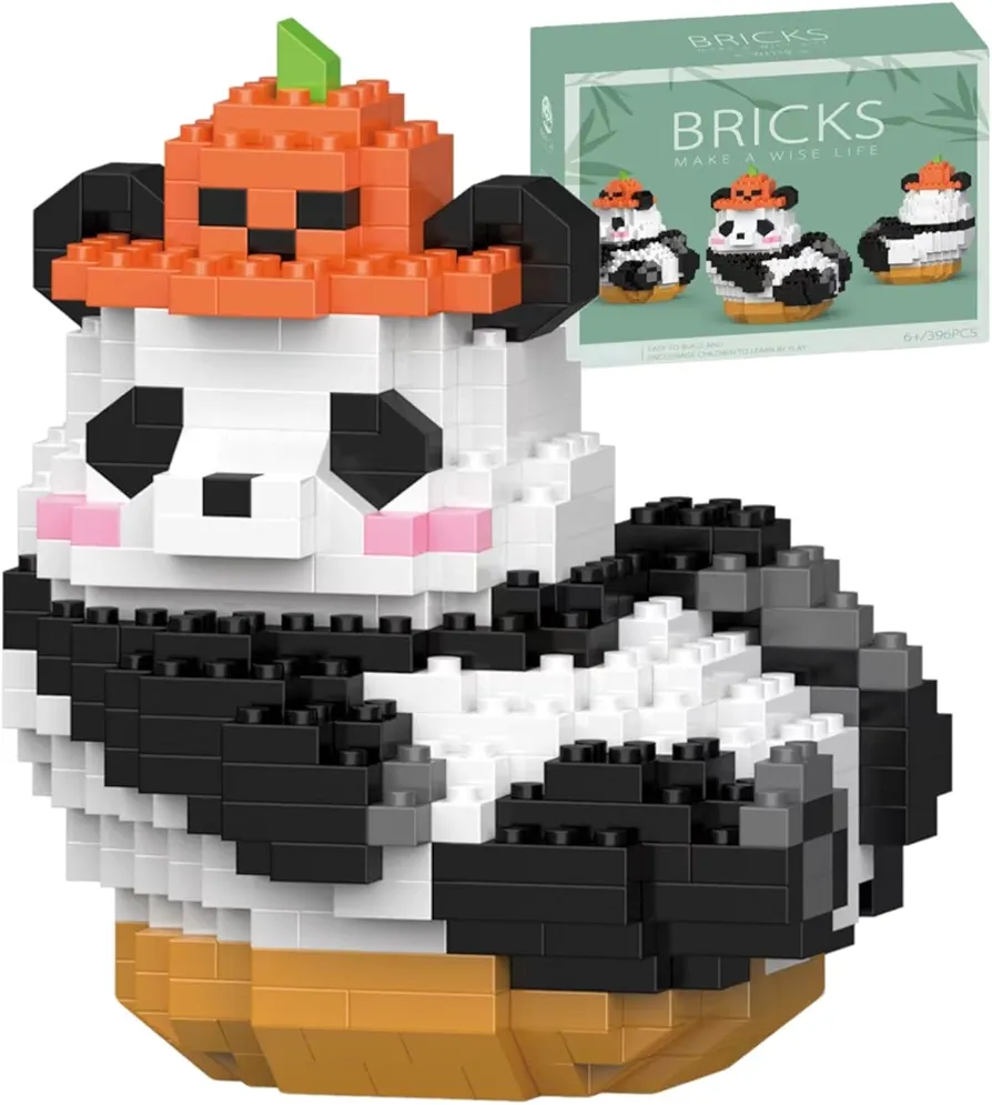 Mini Building Blocks Animal Sets-Pumpkin Panda,Party Favors-Cute Panda Toys Micro Building Sets for Adults, 396 PCS Small Carnival Prizes for Boys Girls 8-12 14