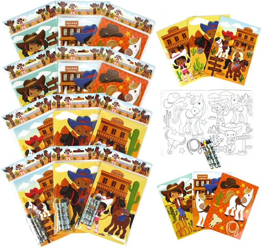 TINYMILLS Western Black Cowboys and Cowgirls Coloring Books for Kids with 12 Coloring Books and 48 Crayons Western Party Favors, Goody Bag Filler