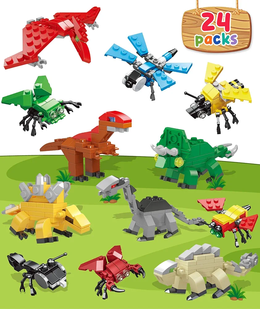 24 Packs Small Mini Animal Building Block Sets Party Favors for Kids Ages 3-5 4-8 6-8 Class Classroom Easter Eggs Gift for Students in Bulk, Little Toys Goodie Bag Fillers Stuffers Dinosaur Insect