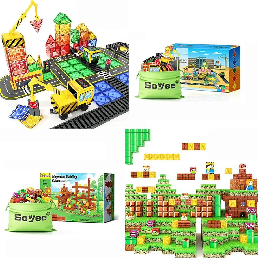 Magnetic Tiles 156PCS Magnetic Construction Set with 2 Cranes Build Mine Magnet World Set, Magnet Toys for Boys & Girls Ages 5-7, Buildable Game Elements Gifts Toys for 3+ Year Old Boys & Girls