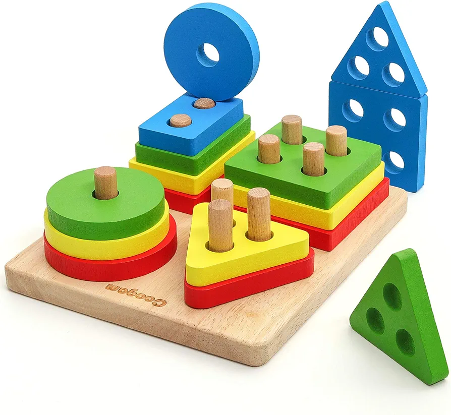 Coogam Wooden Sorting Stacking Montessori Toys, Shape Color Recognition Blocks Matching Puzzle, Fine Motor Skill Educational Preschool Learning Board Game Gift for Kids