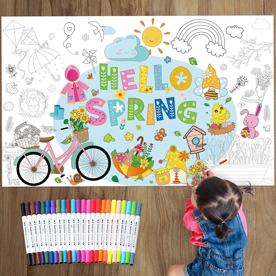 Hello Spring Giant Coloring Poster with 24 Watercolor Pens 50 x 32 Inch Large Coloring Poster Jumbo Coloring Banner Table Cover Wall Decor for Kids Coloring Painting Craft Spring Party Supply