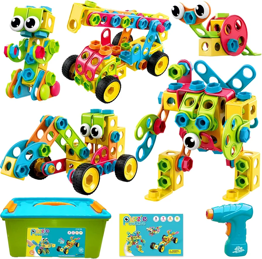 NXONE 195 PCS Educational STEM Toys for Boys and Girls Ages 3 4 5 6 7 8 9 10 Construction Building Blocks Toy Building Sets Kids Toys Creative Activities Games with Storage Box