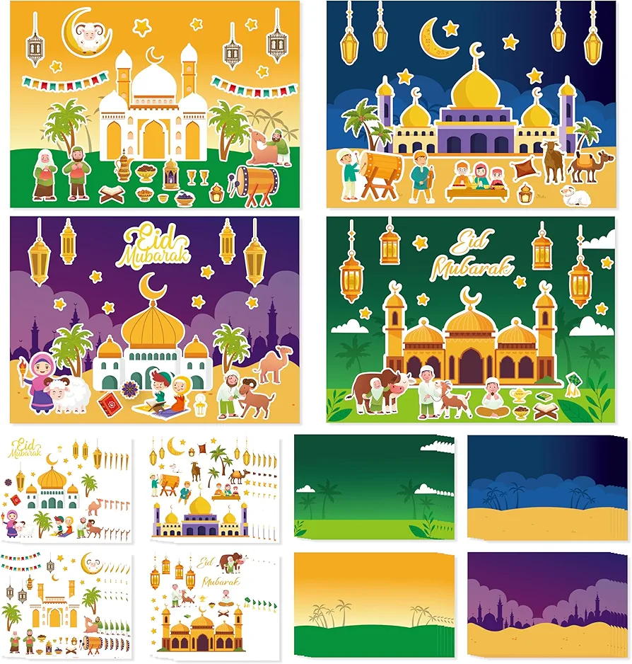 48pcs Eid Mubarak Craft Kit, Mosque Scene Stickers for Kids, Make Your Own Ramadan Kareem Scene Decal, Religious Label DIY Art Ornament for Eid Al-fitr Party School Classroom Favor Supplies