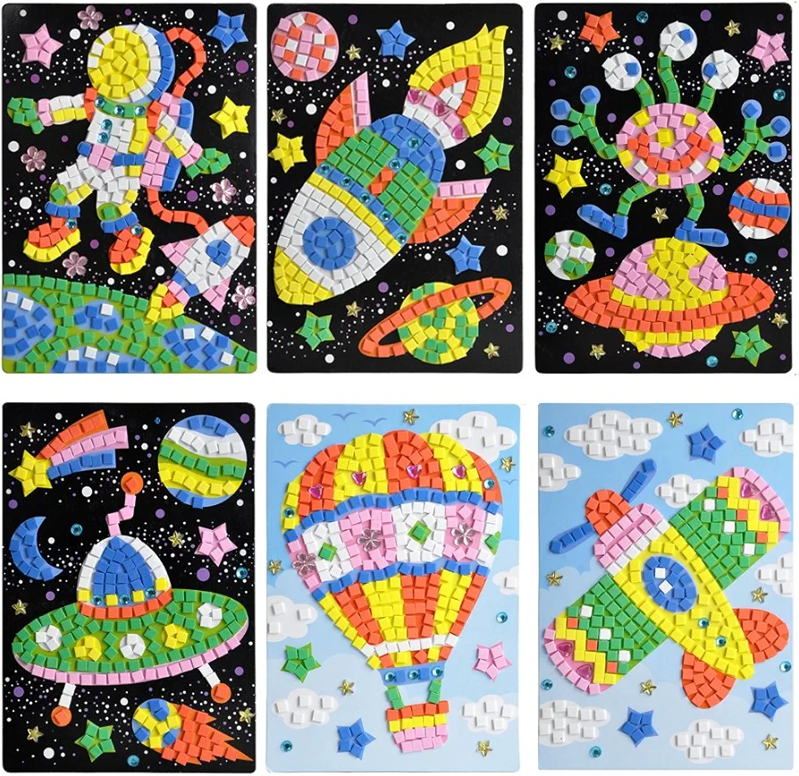 Lovyan Mosaic Sticker Art Sticky DIY Handmade Art Kits for Kids – Astronaut, Spaceship, Alien, UFO, Hot-air Balloon, Airplane(6 Pack)