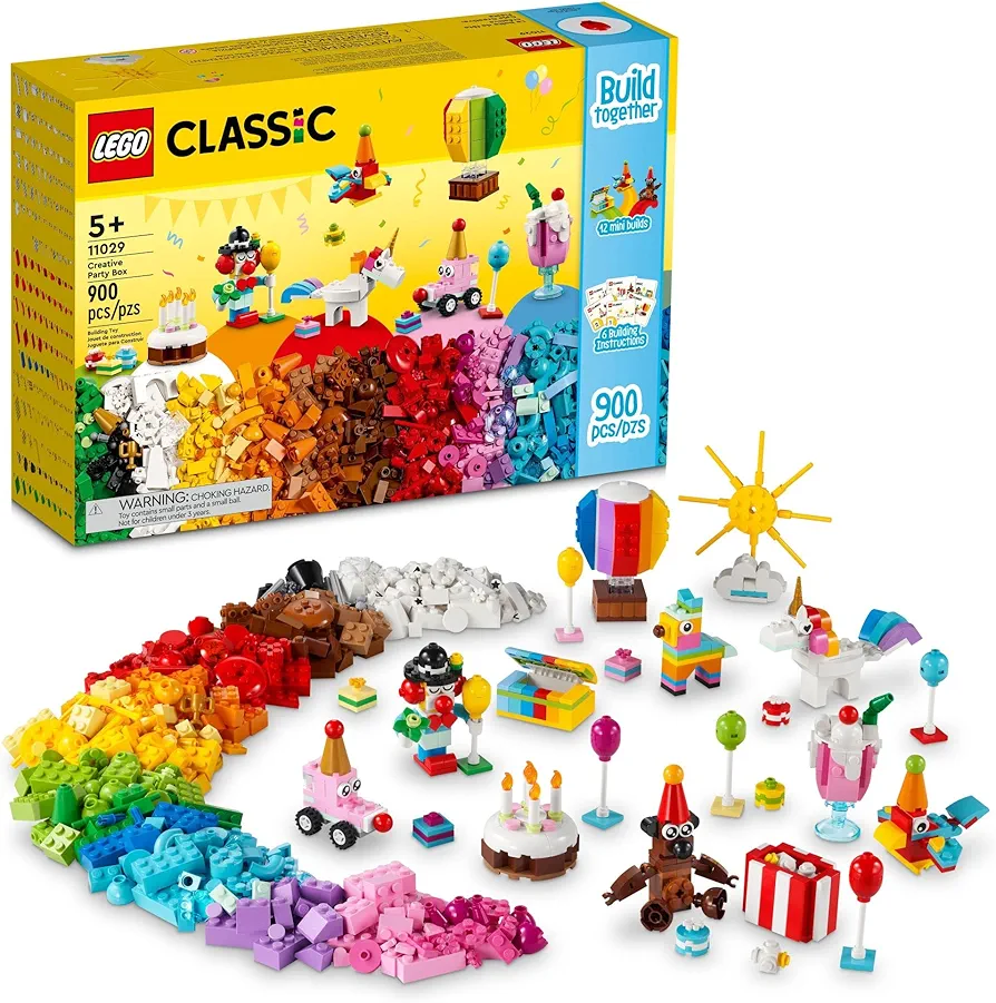 Lego Classic Creative Party Box Bricks Set 11029, Family Games to Play Together, Includes 12 Mini-Build Toys: Teddy Bear, Clown, Unicorn, Fun for All Ages 5 Plus