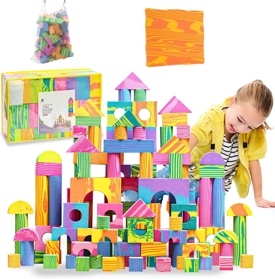 Morvat 300 Piece Colorful Soft EVA Foam Building Blocks Set, Waterproof Play Toy for Children, Babies, Toddlers, & Kids, Gift for Boys & Girls, Non Toxic & BPA Free, Bath Tub Platform, Carry & Dry Bag