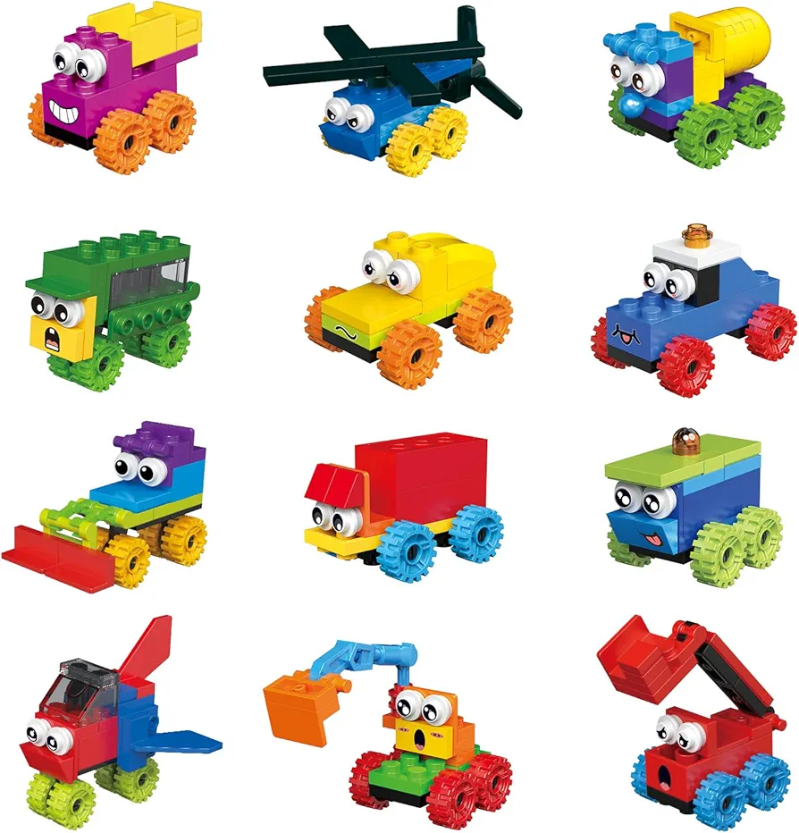 12 Packs Cartoon Car Easter Egg Fillers Building Block Toy Sets, Compatible with Lego Party Favors Vehicle, Classroom Prizes Building Kits Easter Gifts for Kids Boys Girls 4-12+ Year