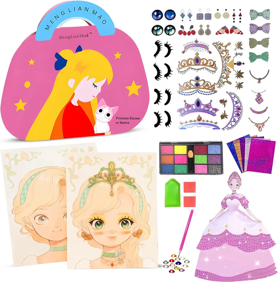 Santentre 4 in 1 Paper Craft Kits for Girls, Princess Dress Up Game Set, Foil Sticker Books, Princess Diamond Art, Make Up Play on Paper, Travel Toys Gift for Kids Girls Ages 4 5 6 7 8 9+ Year Old