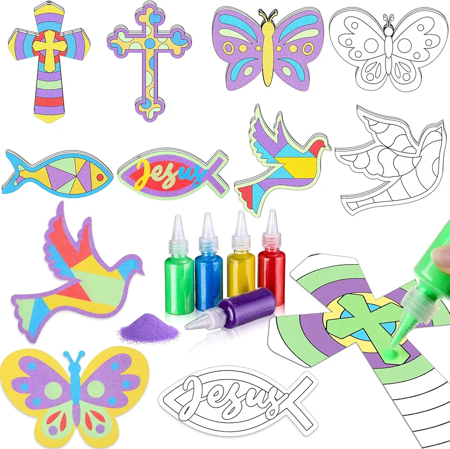 24 Set Religious Sand Art Craft Kits for Kids Christian Craft Cross Kit Create Your Own Christian Sand Painting Kits for Sunday School Classroom Fun Home Creative Activities