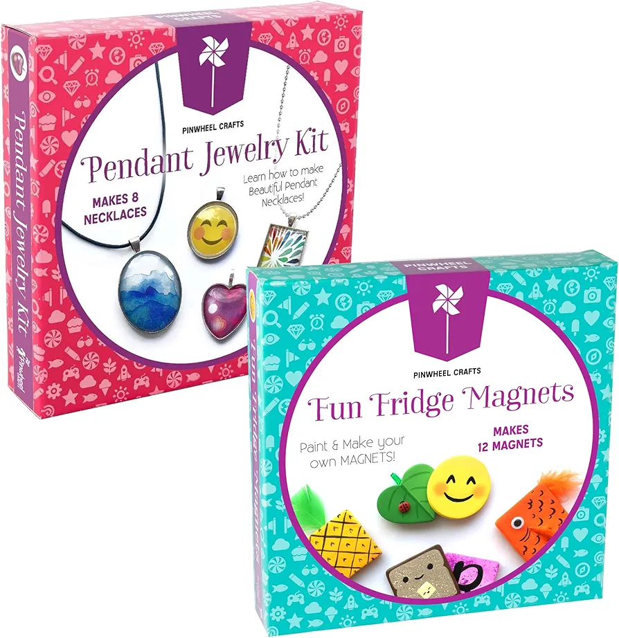 Pendant Jewelry Kit & Fun Fridge Magnets Craft Bundle - Fun DIY Arts and Crafts Project for Kids Ages 6 7 8 9 10 11 12 - Great Gifts for All Occasions