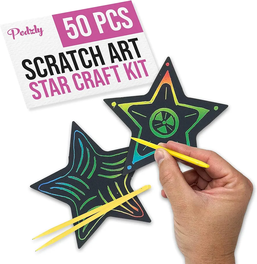 Podzly 50 Pcs Scratch Art Star Craft Kit - Magic Rainbow Color Scratch Art for Kids - DIY Star Ornament for Christmas & Easter - Art Supplies Kit for Classroom Activities,Daycares, Party Games & More