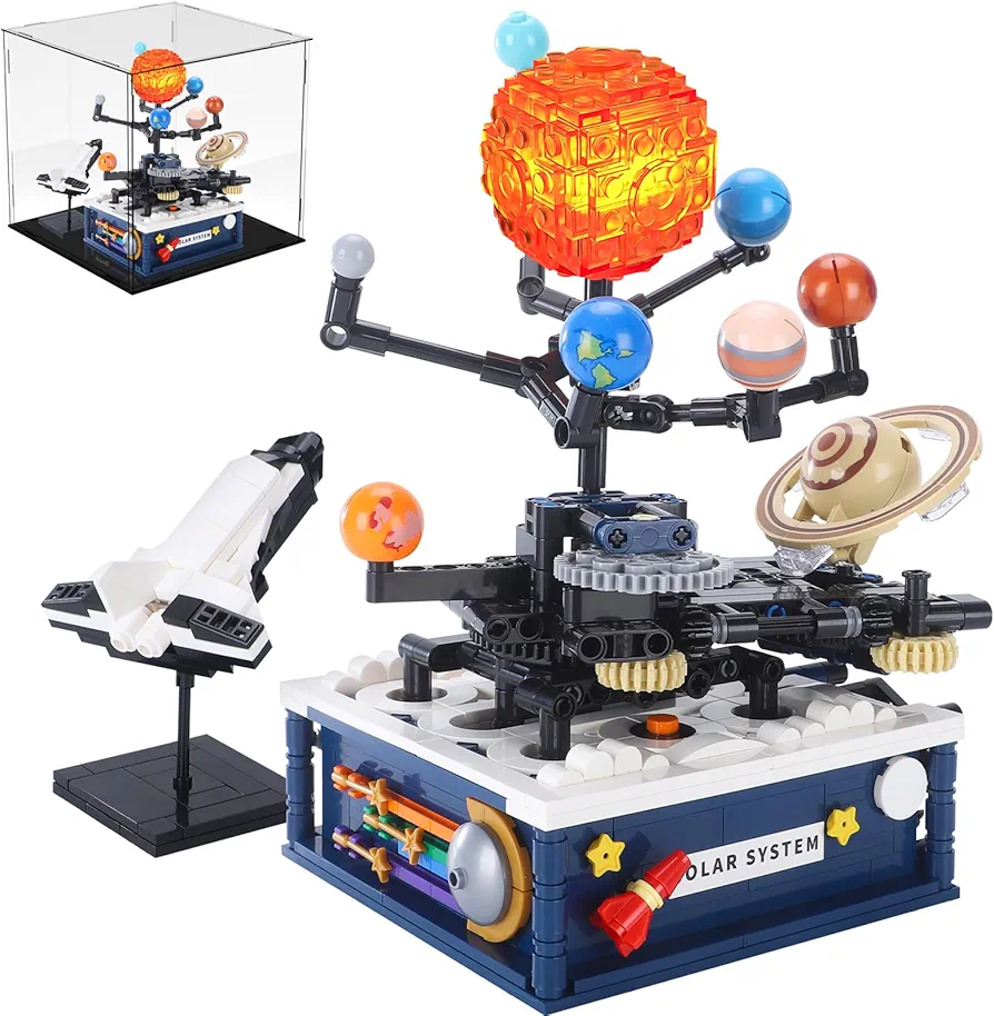 Solar System model Building Blocks Sets with Lights and acrylic display box，Earth Moon and Sun Orrery Toy Educational Toys for Science Experiments Learning Kits 775 Pieces gift for kids