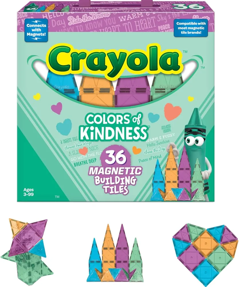 CreateOn Crayola Colors of Kindness Magnetic Tiles, Building Set for Kids, Magnetic Building Toys for Kids, STEM Toys for Boys and Girls Ages 3 and Up (36-Piece Set)