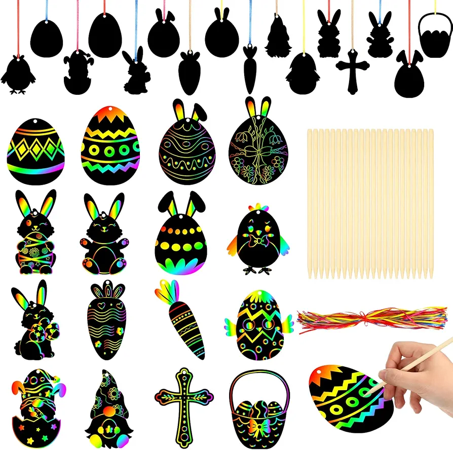 Sherr 96 Pack Easter Scratch Paper Ornaments Arts Crafts Rainbow Bunny Egg Cutouts with 48 Wooden Sticks and 96 Colorful Ribbons for Kids Classroom Activity Spring Party Favors Decorations