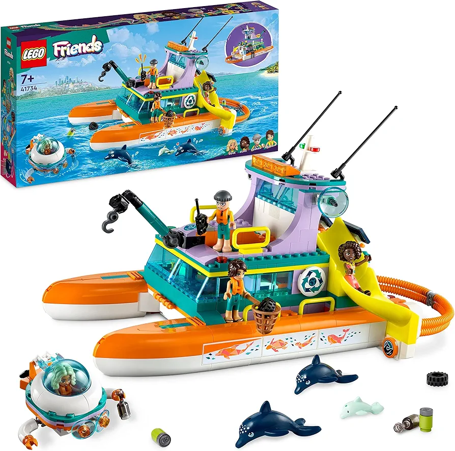 LEGO 41734 Friends Sea Rescue Boat Set, Animal Rescue Toy with Dolphin Animal Figures and Submarine, Gift for Children, Girls and Boys from 7 Years, Eco Learning Toy