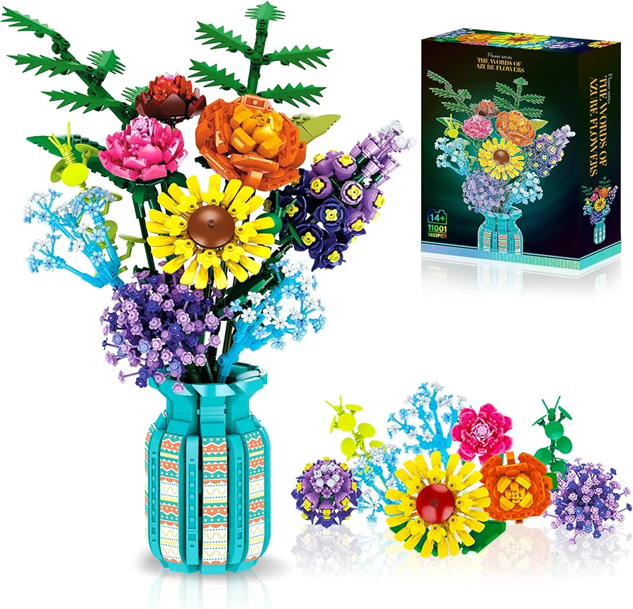 Flowers Bouquet Building Set with Vase for Adult, 10 Kinds of Flowers Including Sunflower, Baby's Breath, Rose, Compatible with Lego Botanical Collection, Office, Birthdays, Valentine's Day Gifts