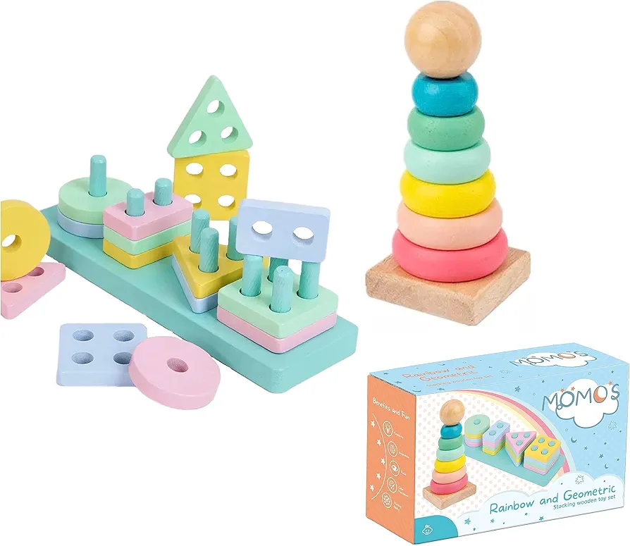 Momo Montessori Toys for Toddlers - a Set of Wooden Toys with a Rainbow and Geometric Shapes for Sorting and Stacking by Color. Gifts for Children.