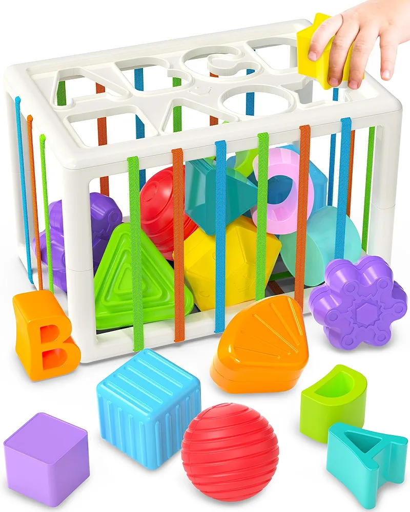 Montessori Toys for 1 Year Old Boys Girls, Baby Sorter Toy Colorful Cube, 1 Year Old Boy Girl Birthday Gifts, Baby Toys 6-12-18 Months, 14 Pcs Multi Sensory Developmental Learning Toys